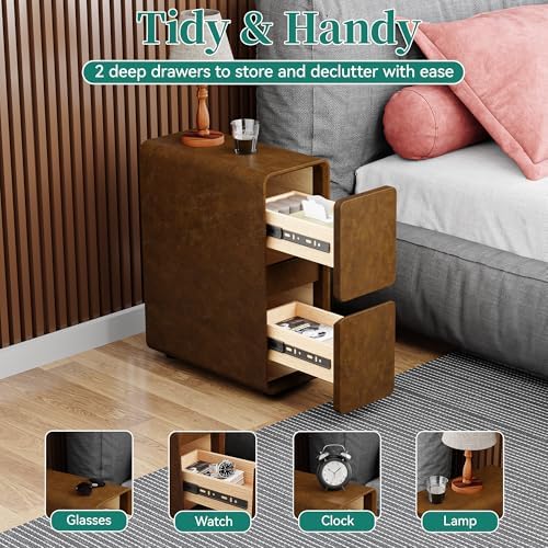 7.8" W Leather Narrow Nightstand Set of 2, Modern Fully-Assembled Bedside Table with 2 Drawers, White Night Stand Small Accent End Table & Side Table for Bedroom, Brown