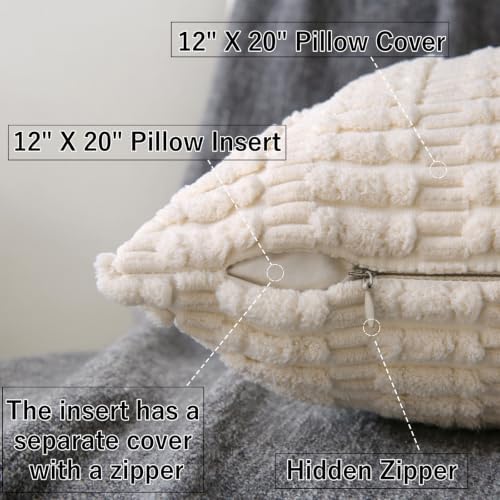 2 Pack Corduroy Decorative Throw Pillow with Inserts, 18x18 Inch Soft Boho Throw Pillow, Square Striped Throw Pillows for Couch, Bed, Sofa Decor (Beige, 12" x 20" (with Inserts))