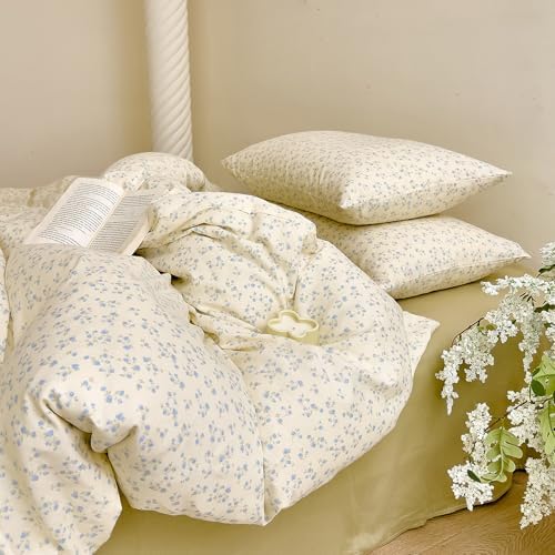 HighBuy Soft Cotton Muslin Duvet Cover Queen,Vintage Blue Floral Comforter Cover with 2 Pillow Cases,100% Cotton Gauze Cottagecore Bedding Quilt Cover Set 3 Piece Bedding Set, Soft Lightweight
