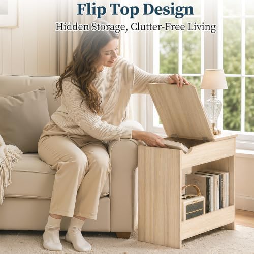 TIQLAB Flip Top End Table with Hidden Charging Station, 23 inch Side Table with Rounded Corner Design, Narrow Nightstand with Wood Shelf, Bedside Table for Living Room Bedroom, Maple