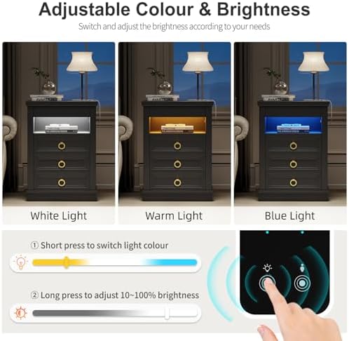 Farmhouse Nightstand with Gun Drawer,Bedside Table with Charging Station and Human Body Senor,3 LED Lights Night Stand with 3 Drawers and Open Shelf,End Side Table for Bedroom(Black)