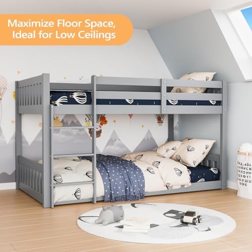 JOYMOR Solid Wood Low Twin Over Twin Bunk Bed for Kids/Junior, Bunk Bed Frame with Guardrails & Ladder for Boys Girls, No Box Spring Needed (Gray)