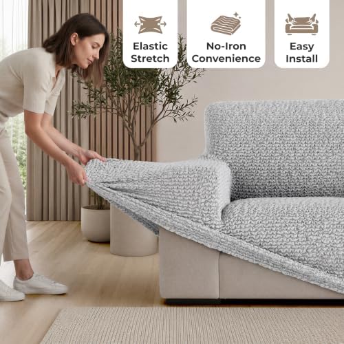 PAULATO Premium Stretch Couch Covers for Sofa - Sofa Chair Cover Washable, Dogs & Pets Friendly - Elastic Polyester Loveseat Slipcovers - Non-Slip Love Seat Couch Covers - Light Grey (64"-85" Wide)
