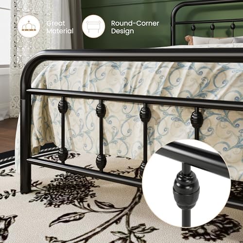 SHA CERLIN Full Metal Bed Frame with Victorian Iron-Art Headboard, Black