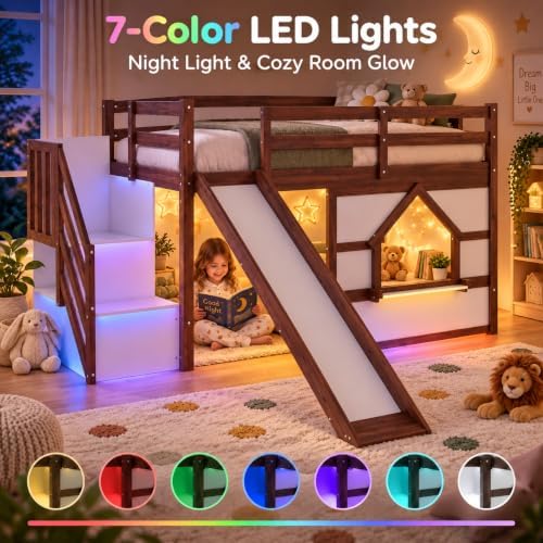 Twin Loft Bed with Slide for Kids, LED & Storage, Walnut White