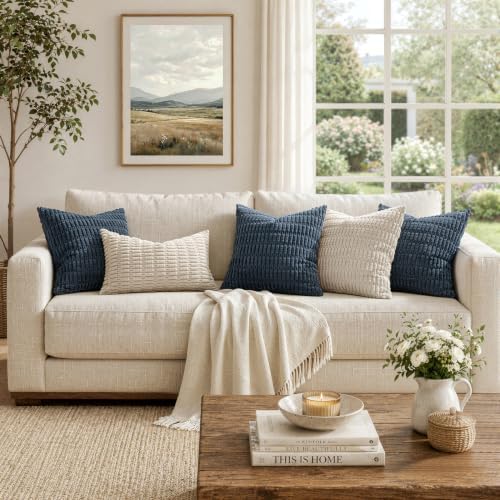 MIULEE Corduroy Decorative Throw Pillow Covers 20x20 Blue Pack of 2