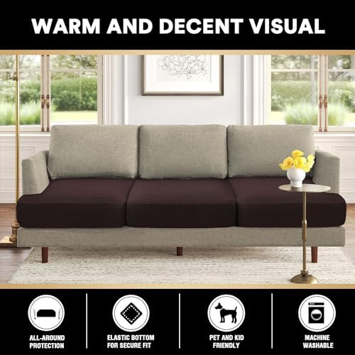 PrinceDeco Stretch T Cushion Sofa Slipcovers 3 Piece,Pets Friendly,Brown
