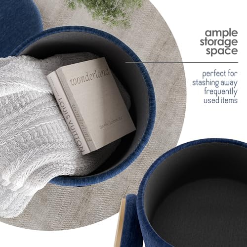 Round Ottoman with Storage, Textured Velvet Storage Ottoman, Foot Stool Ottomans, Makeup Vanity Stool, Small Ottomans Foot Rest, Modern Vanity Stools for Living Room and Bedroom, Blue