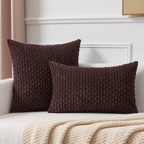 Kevin Textile Soft Corduroy 12"x20" Lumbar Pillow Covers 2 Pack, Coffee