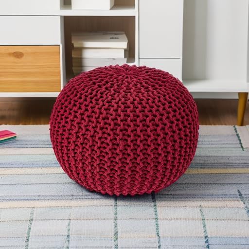 · REDEARTH · Round Pouf Ottoman - Hand Knitted Boho Poof Footrest - Red