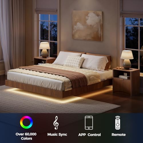 Evermagin King Bedroom Set, Fluted Floating Bed Frame & Nightstands, Walnut