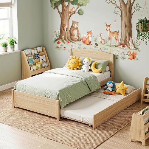 Daybed with Trundle, Twin Size Pull Out Bed, Solid Wood Extendable Day Bed with Trundle, Include Slat Support (Natural, Trundle)