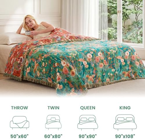 MSGKV Boho Throw Blanket 50"x60" 100% Cotton Floral Blanket for Couch Bed