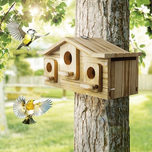 Auslar Bird House for Outside, 3 Hole Wooden Birdhouse for Outdoors Hanging