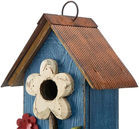 Glitzhome Hanging Bird House for Outdoor, 10.2" H Patio Garden Decorative Birdhouse Pet Cottage Distressed Wooden Bird House for Swallow Sparrow Finch Cardinals, Flower Rustic Blue