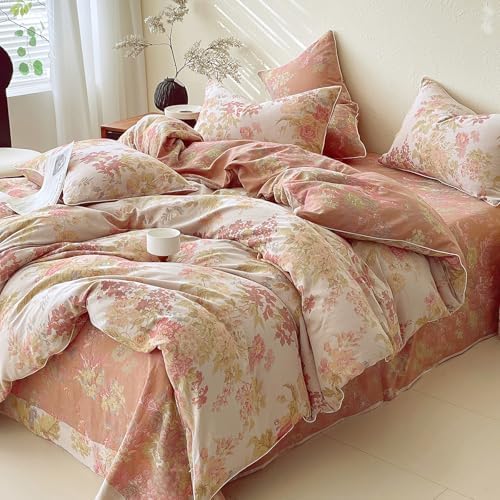HighBuy Luxury Muslin Duvet Cover King with Pink Floral,Soft Muslin Cotton Floral Bedding Set for Women,Chic Farmhouse Gauze Textured Comforter Cover Set,1 Duvet Cover and 2 Pillowcase