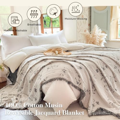 QKTE 100% Cotton Muslin Throw Blanket with Tassels, Lightweight Breathable Reversible Cooling Floral Gauze Blanket for Couch Bed, All Season Decorative Bedspread (White Grey, 50" x 60")