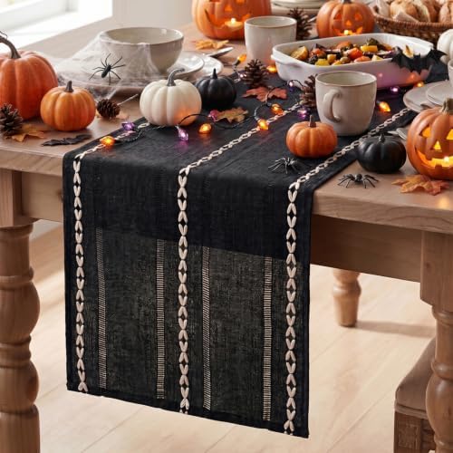 Artoid Mode Black Rustic Cotton Linen Table Runner 13x90 Inch