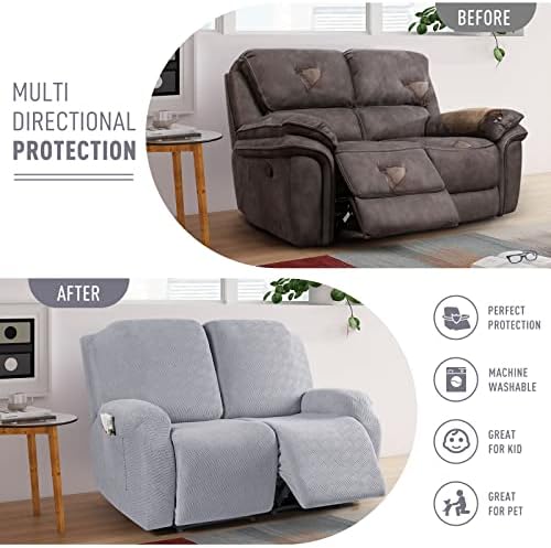KinCam Recliner Covers, Stretch Reclining Chair Covers, Recliner Sofa Slipcovers Stripe Jacquard Recliner Couch Covers Furniture Protector Covers for Pet Kid (2 Seater, Silver Gray)