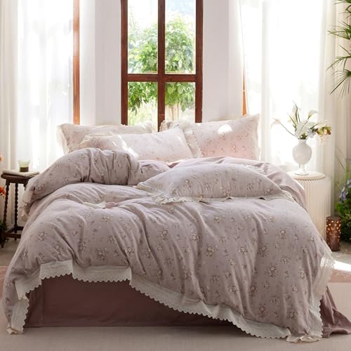 HighBuy Vintage Floral Duvet Cover Twin XL Ruffle Lace Design,Premium Muslin Cotton Coquette Floral Comforter Cover Set for College,Farmhouse Gauze Bedding Set with 2 Pillowcases