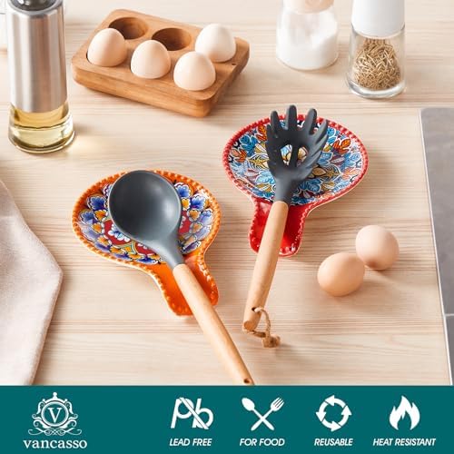 vancasso 7.7 Inch Ceramic Spoon Rest Set of 2, Bohemian Spoon Holder, Light