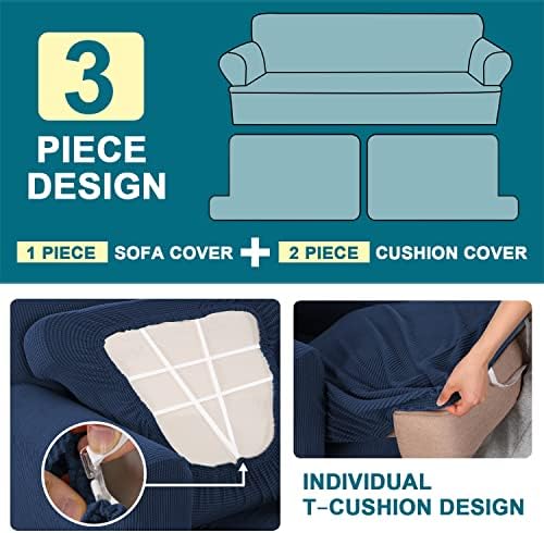Turquoize 3 Piece T Cushion Sofa Slipcovers Stretch Couch Cover Furniture Covers with 2 Individual T Cushion Covers, Machine Washable (2 Cushion Sofa, Navy)