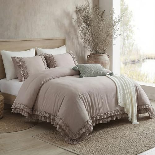 Bedorm Taupe Duvet Cover Set Twin Ruffle Bedding Set Pleat Ruffled Shabby Chic Comforter Cover Extra Soft & Easy Care Boho Duvet Cover with Zipper Closure
