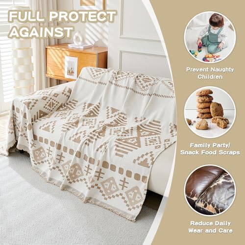 MEETSKY Boho Couch Cover Sofa Covers for Dogs，Decorative Soft Blend Washable Sofa Slipcovers Simply Put Sofa Throw Cover for Living Room, Khaki, 71" x 118"