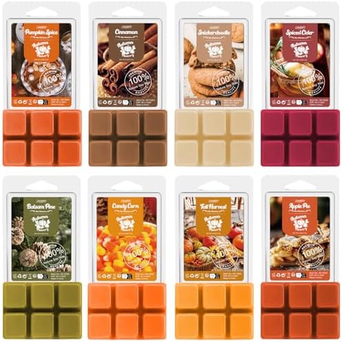 Salubrito Fall Scented Wax Melts, Strong Scented Soy Wax Cubes/Tarts Variety Set- Pumpkin Spice, Cinnamon, Spiced Cider, Snickerdoodle, Balsam Pine, Candy Corn, Fall Harvest, Apple Pie, 8x2.5oz