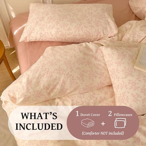 Pink Floral Twin Size Duvet Cover Soft 100% Cotton Double Layer Muslin Comforter Cover Set for Teen Girls Kids,Pink Flower Bedding Set 3 Pieces,Includes 1 Duvet Cover& 2 Pillowcases