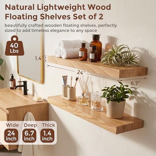 fuqing Natural Wood Floating Shelves, 24'' Wood Shelves for Wall Set of 2