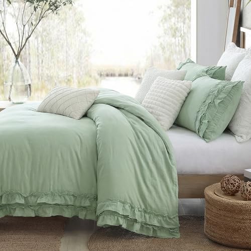 Bedorm Sage Green Ruffled Duvet Cover King Size Bedding Set Pleated Lace Ruffle Shabby Chic Bedroom Decor Extra Soft Cozy Farmhouse Country Style Duvet Cover Sets