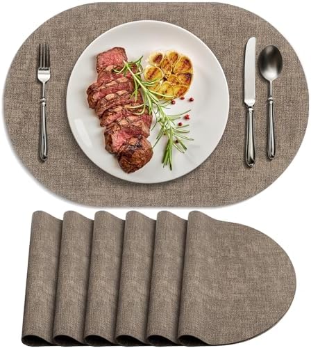 Faux Leather Oval Placemats Set of 6, Dark Brown