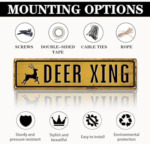 Rustic Farmhouse Metal Tin Sign, Deer Xing Sign, Vintage Animal Road Signs, Decor for Farm Road, Outdoor Yard, Weather Resistant, Easy Mounting, 15.7 x 3.9 inch