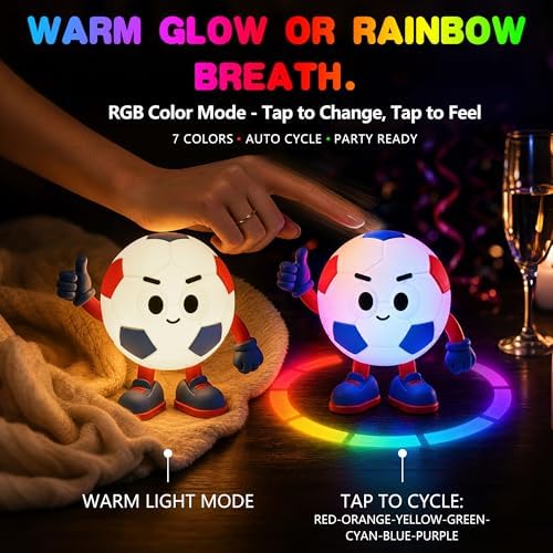 FAMIDUO Soccer Night Light for Kids Room,USB-C Rechargeable Touch RGB Lamp