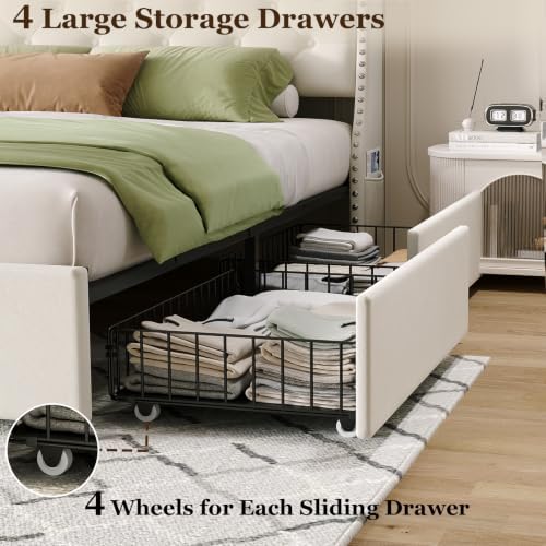 Upholstered Full Size Bed Frame with 4 Storage Drawers, Beige