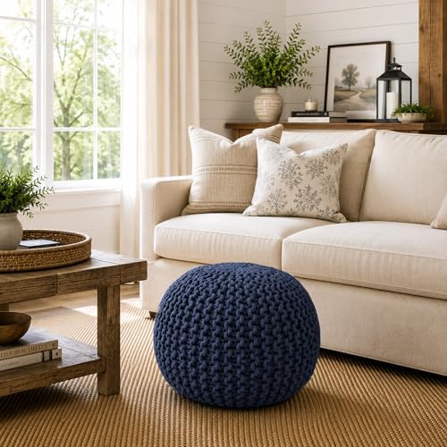 Casafield Round Pouf Ottoman, Navy Blue - 20" Diameter x 14.5" High Cotton Knit Foot Stool - Boho Floor Pouffe for Living Room, Bedroom, Home Office