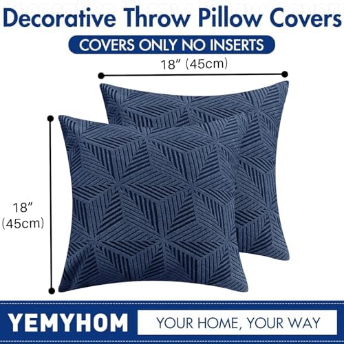 YEMYHOM Pack of 2 Throw Pillow Covers 18 x 18 Inch High Stretch Jacquard Pillowcase for Couch Sofa Living Room Home Decor, Navy