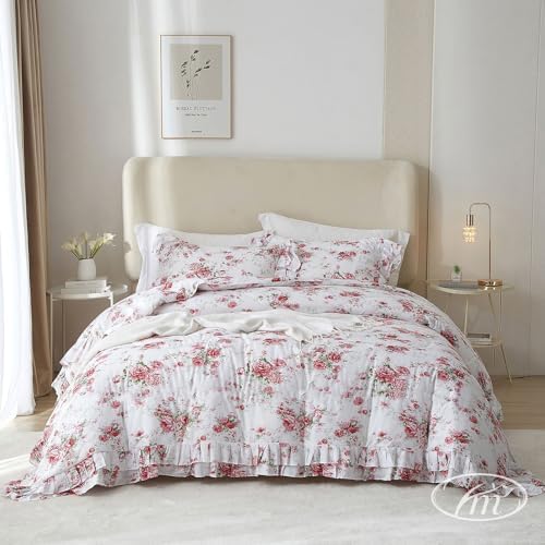 3 Pieces Ruffle Duvet Cover Set Twin(68"x86"), Red Rose Flower