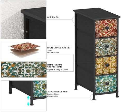GiftGo Skinny Slim Dresser with Fabric Drawers Thin Boho Mandala Flower Chest of Drawers Narrow Storage Tower for Small Spaces Gaps Bedroom Beautiful Nightstand Living Room Table
