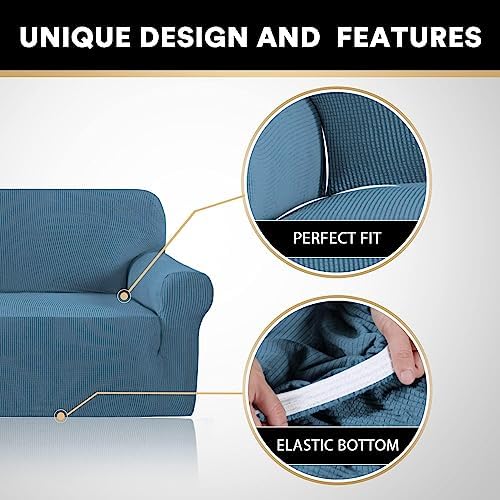 PrinceDeco Stretch Loveseat Sofa Cover Slipcover Couch Cover for 2 Cushion Sofa Washable Sofa Cover for Pets Friendly Furniture Protector Covers with Non Slip Bottom(Loveseat, Dusty Blue)