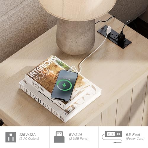 WAMPAT Set of 2 End Tables with Charging Station, Beige Tall Side Table with Storage Cabinet & Drawer, Wooden Nightstands with Power Outlets & USB Ports for Bedroom, Living Room