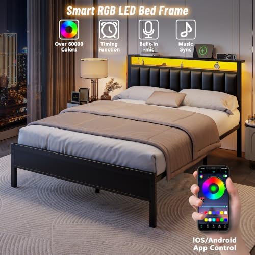 Furnulem Black Queen Bed Frame with PU Upholstered Headboard & LED Lights
