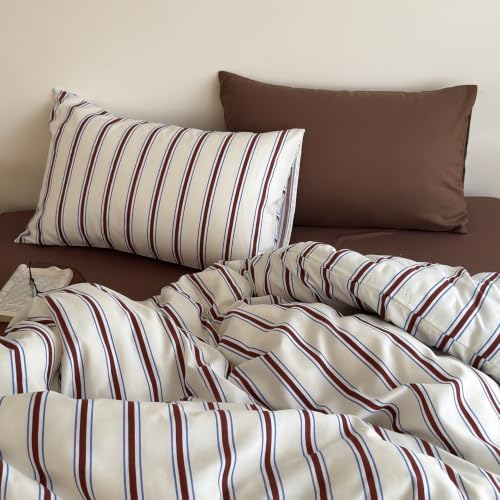 mixinni Retro Striped Duvet Cover Queen Size - 3-Piece Vintage Red Brown & Blue Stripes Printed Duvet Cover Set, Soft Washed Microfiber Bedding, Vintage Stripe Comforter Cover with Zipper&Ties