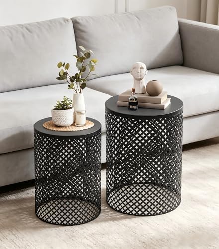 Set of 2 Outdoor Side Table, Garden Stool for Patio, Metal Accent Table Modern End Table, Patio Side Table for Garden, Balcony, Bedroom Indoor Outdoor Decorative, Jet Black