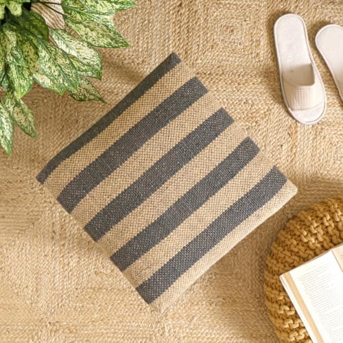 Handmade Jute Ottoman Stool with Wooden Legs | Square Upholstered Foot Rest & Accent Seating | Woven Vanity Stool for Living Room, Bedroom, Hall, Entryway & Home Décor (White)