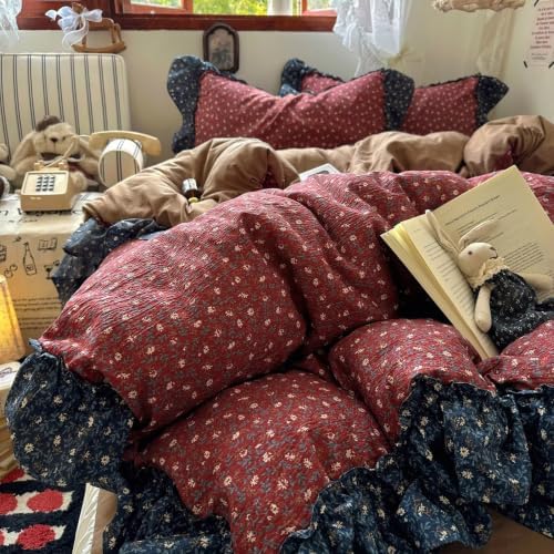 Twin Size Duvet Cover Set 3 Pcs,Vintage Red Ruffled Bedding 68"×86"