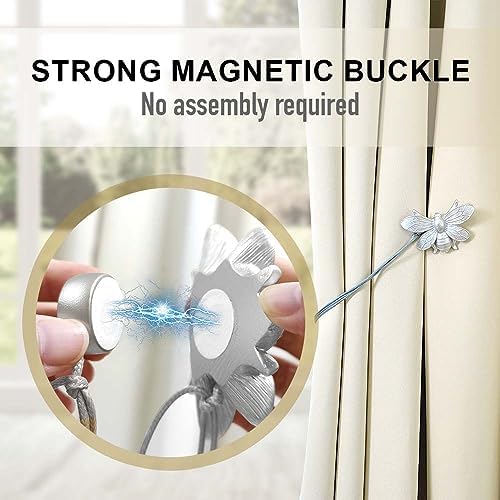 Curtain Holdbacks Set of 2, Gift, Resin Magnetic Curtain Tiebacks Silver Flying Bee Curtain Holders, Decorative Curtain Ties for Drapes, Outdoor Home Office Farmhouse, Curtain Decorative Accessories