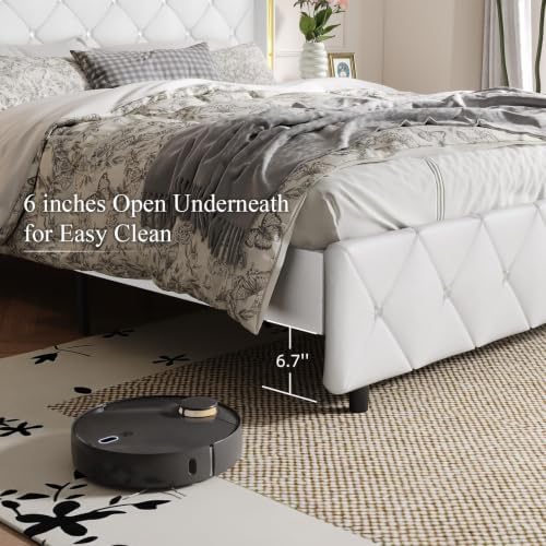 HOMBCK Bed Frame Full Size with Leather Headboard, Goldside Wingback, White