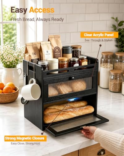 Bread Box for Kitchen Countertop, 2-Tier Bamboo Storage with Raised Shelf